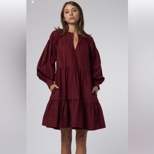 ULLA JOHNSON Deep Red Rosa Tiered Smocked Mini Dress $358 M